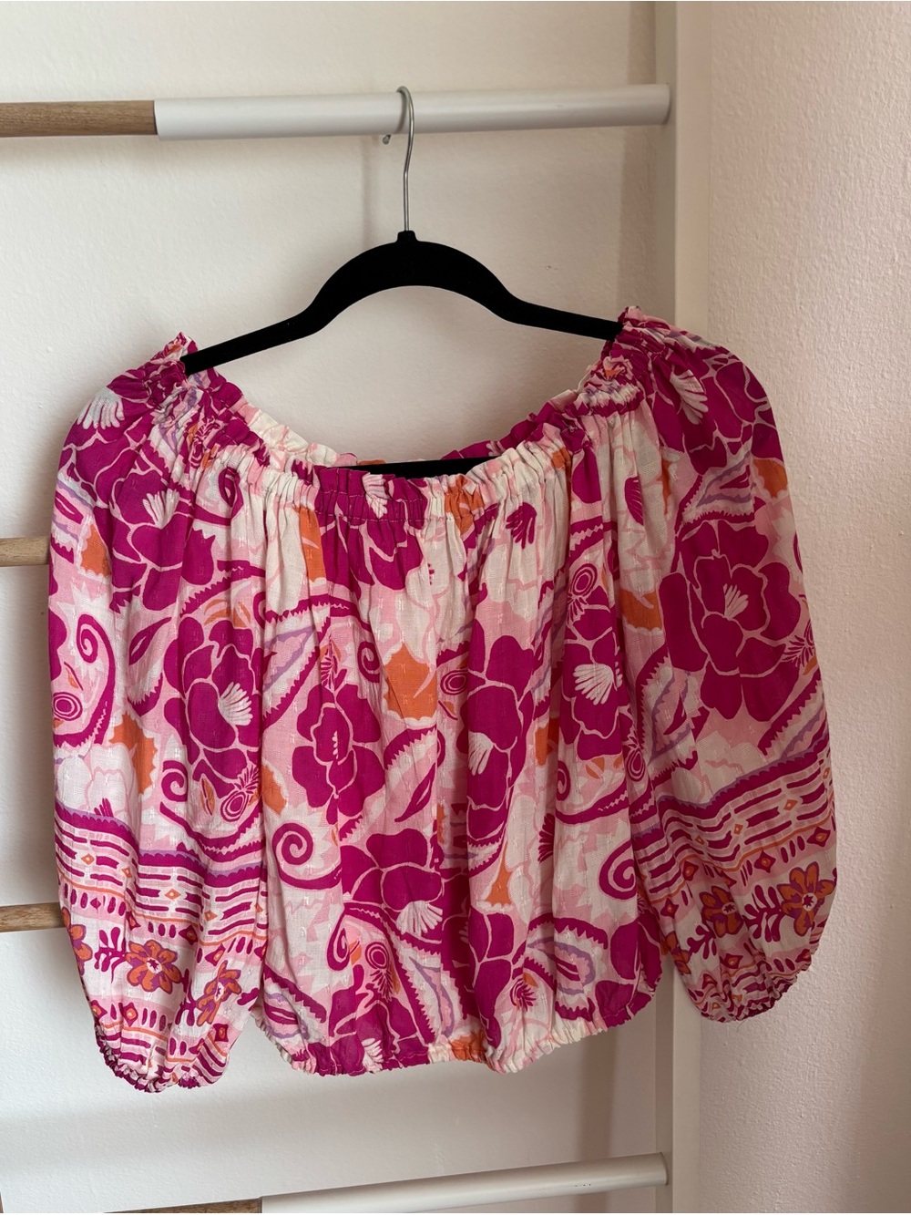 Nicole Miller Floral Off-Shoulder Peasant Top in Pink and Orange